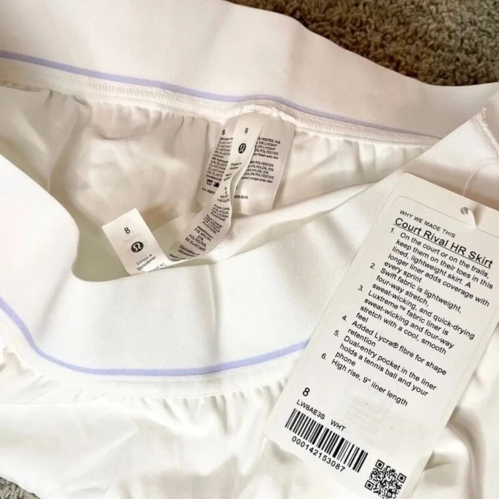 Size 8 NWT Lululemon Court Rival High-Rise Skirt Long in White